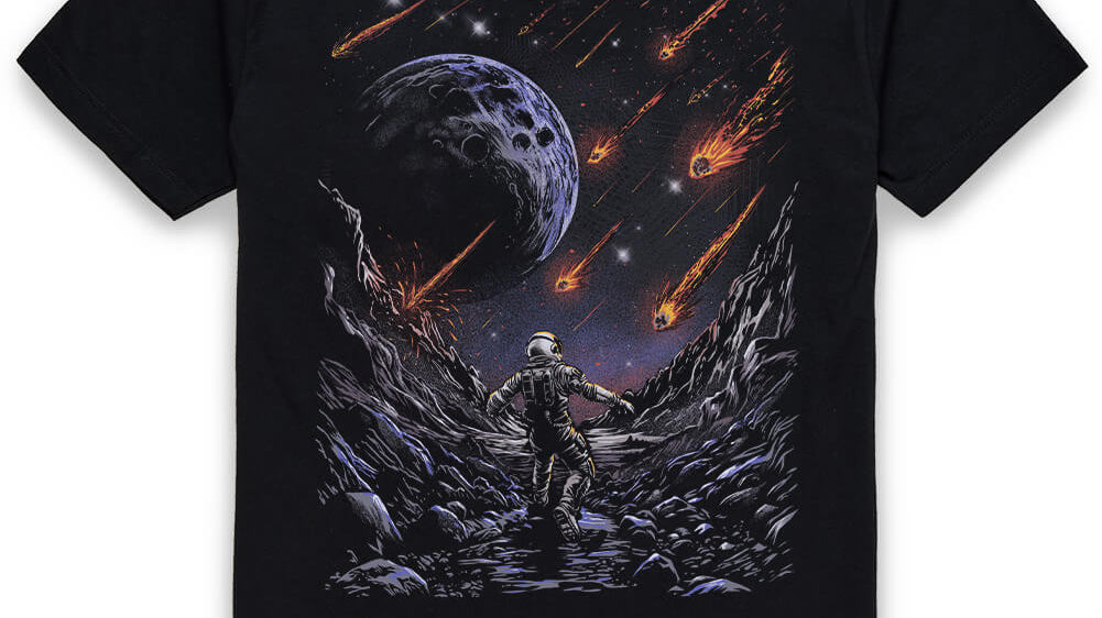 INTO THE AM Meteor Rush graphic tee in black, a tailored cotton-poly tee for the gym and after