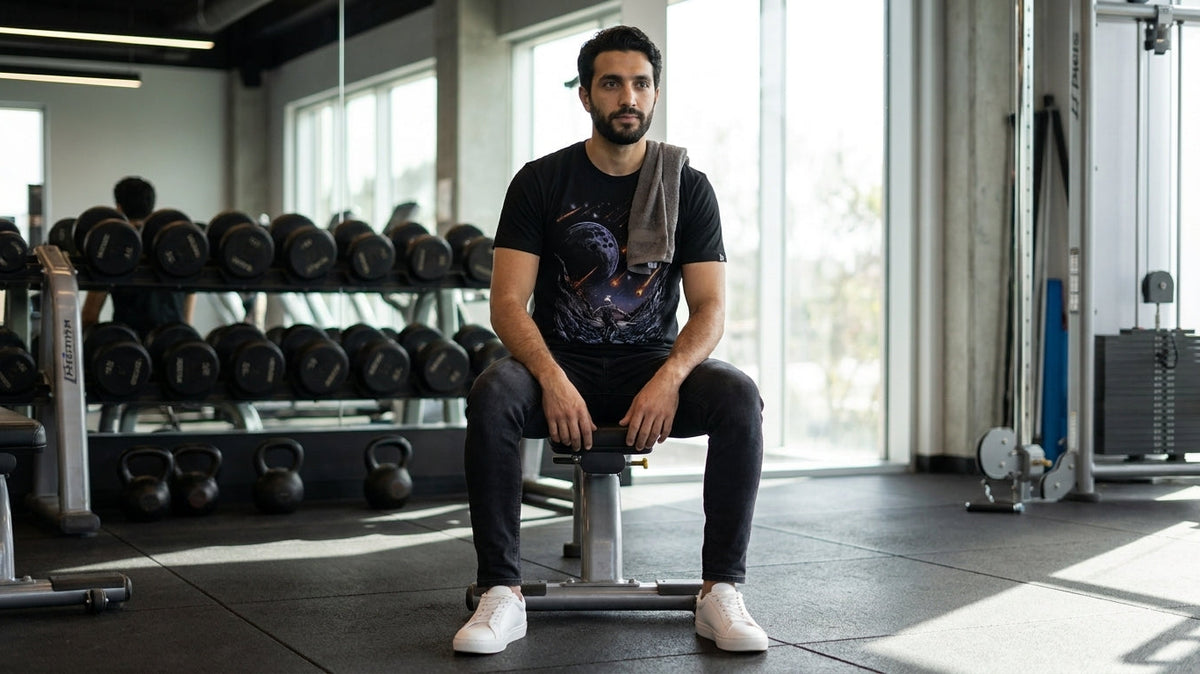 Man wearing a white INTO THE AM graphic t-shirt outdoors, best graphic tees for working out: 2026