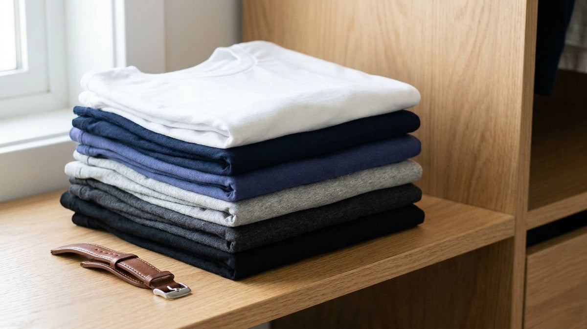 A folded stack of INTO THE AM basic tees in six colours on an oak shelf