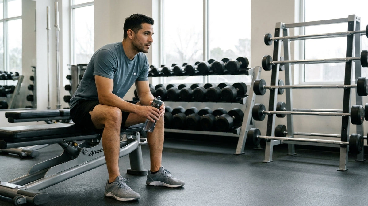 Man in an indigo active tee resting between sets in a gym