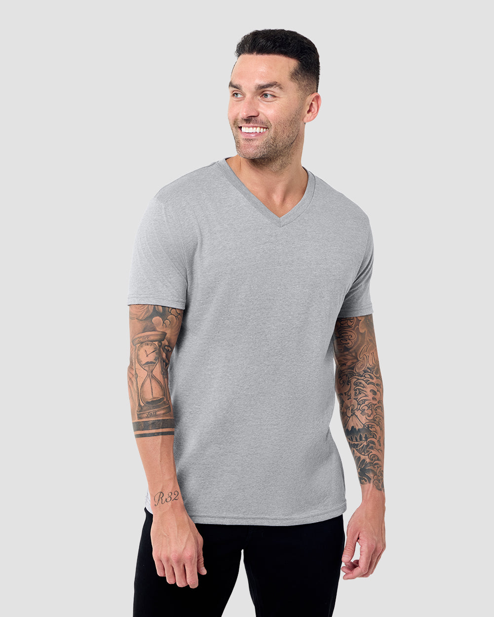 V-Neck Tee - Non-Branded-Grey-Regular-Front--Model---L