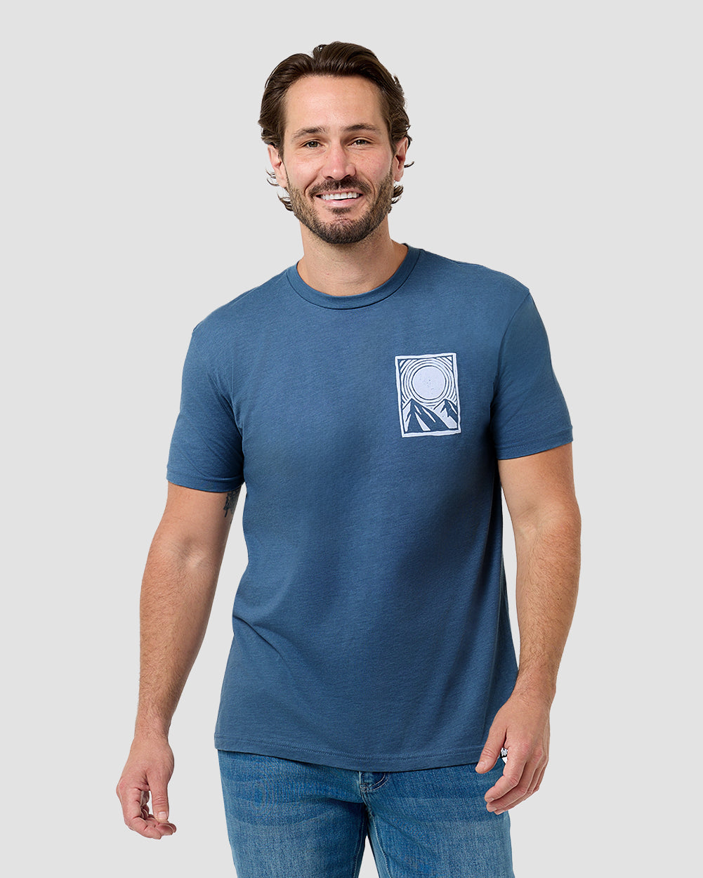 Sunrise Peaks Tee-Heather Slate Blue-Regular-Front--Model---L