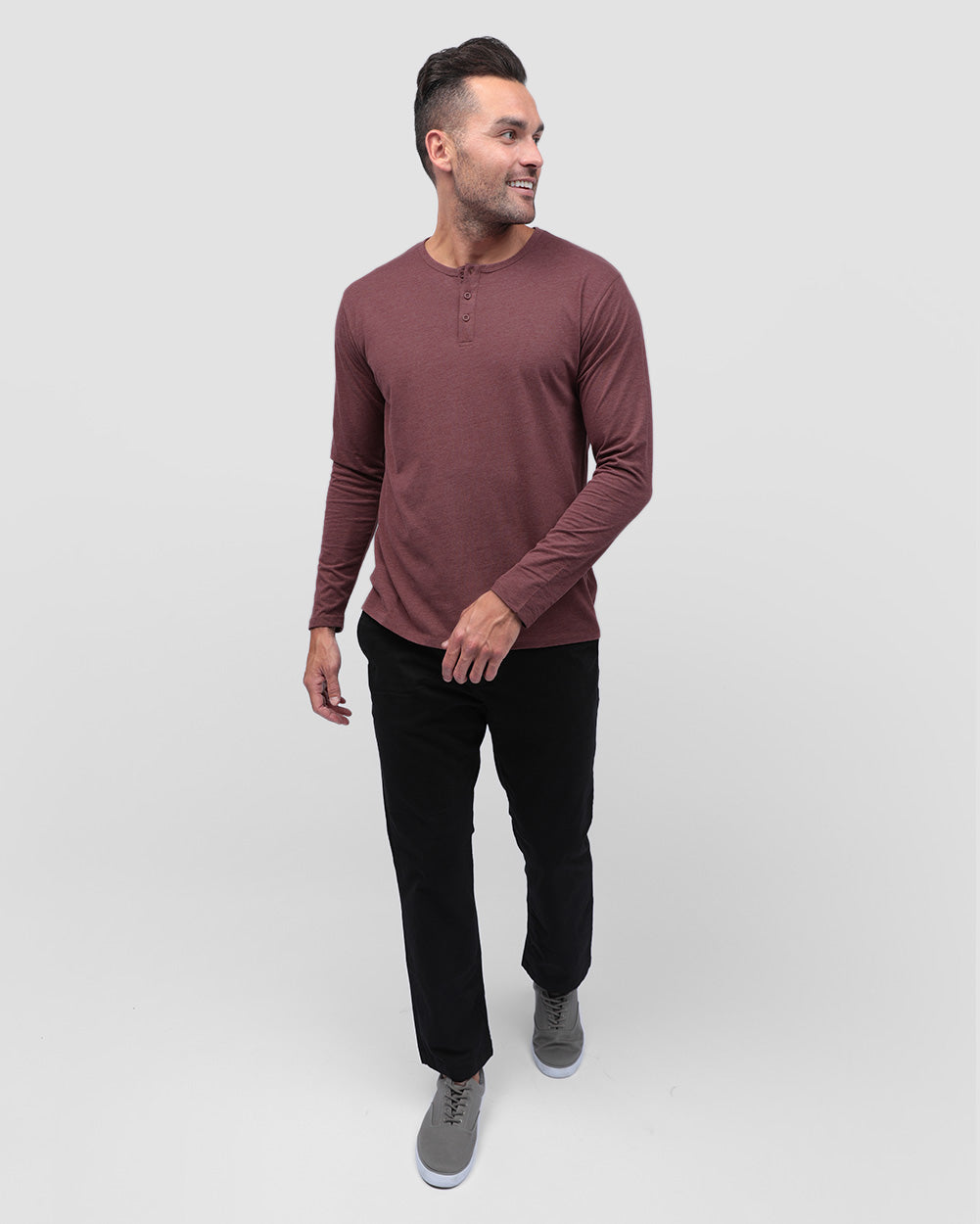 Long Sleeve Henley Tee - Non-Branded-Maroon-Regular-Full--Model---L