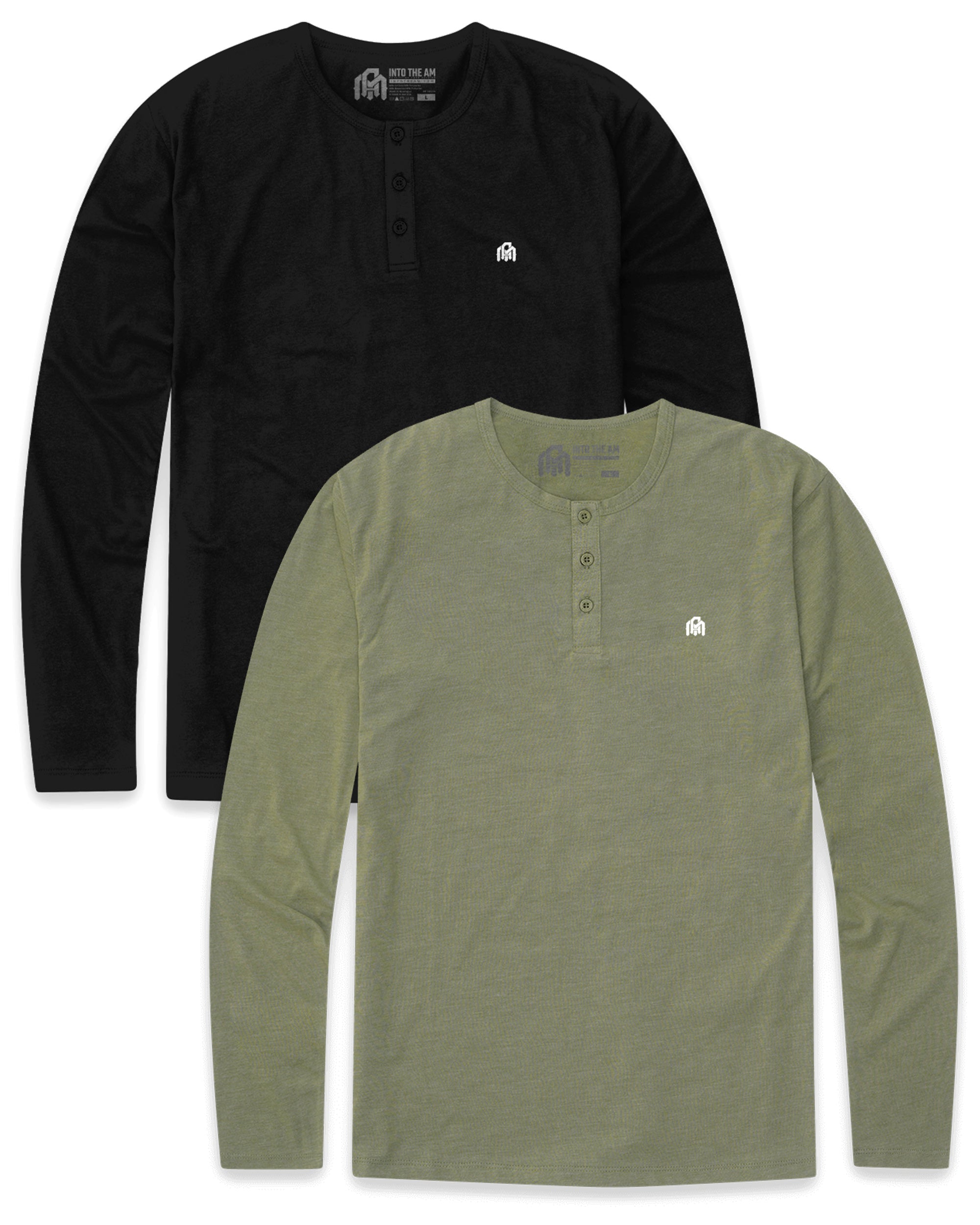 Pack of the Week 2 Pack Long Sleeve Henley Tee - Branded-Black/Olive Green-Regular-Mock--Model---L