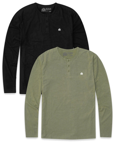 Pack of the Week 2 Pack Long Sleeve Henley Tee - Branded-Black/Olive Green-Regular-Mock--Model---L