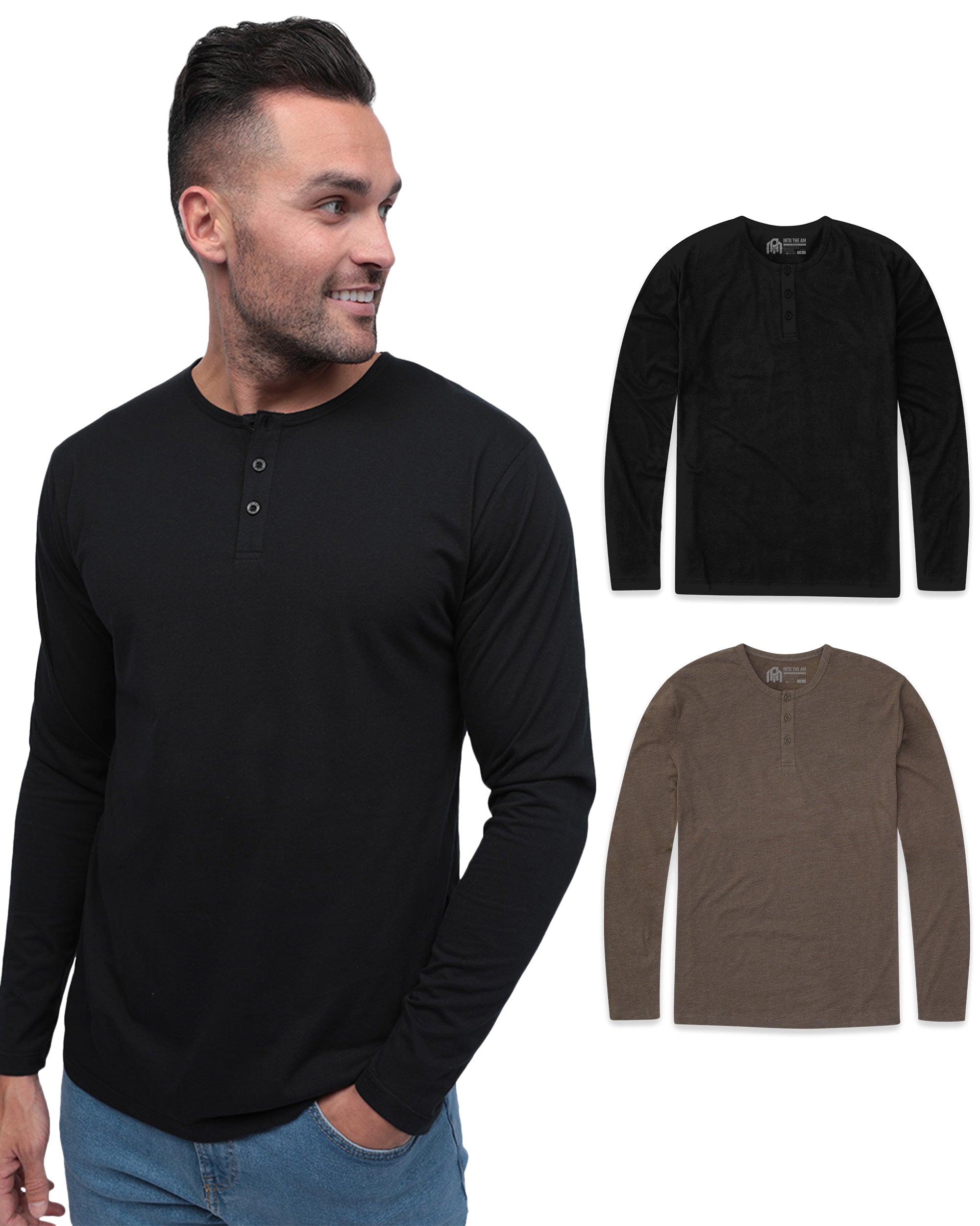 Long Sleeve Henley 2-Pack - Non-Branded-Black/Brown