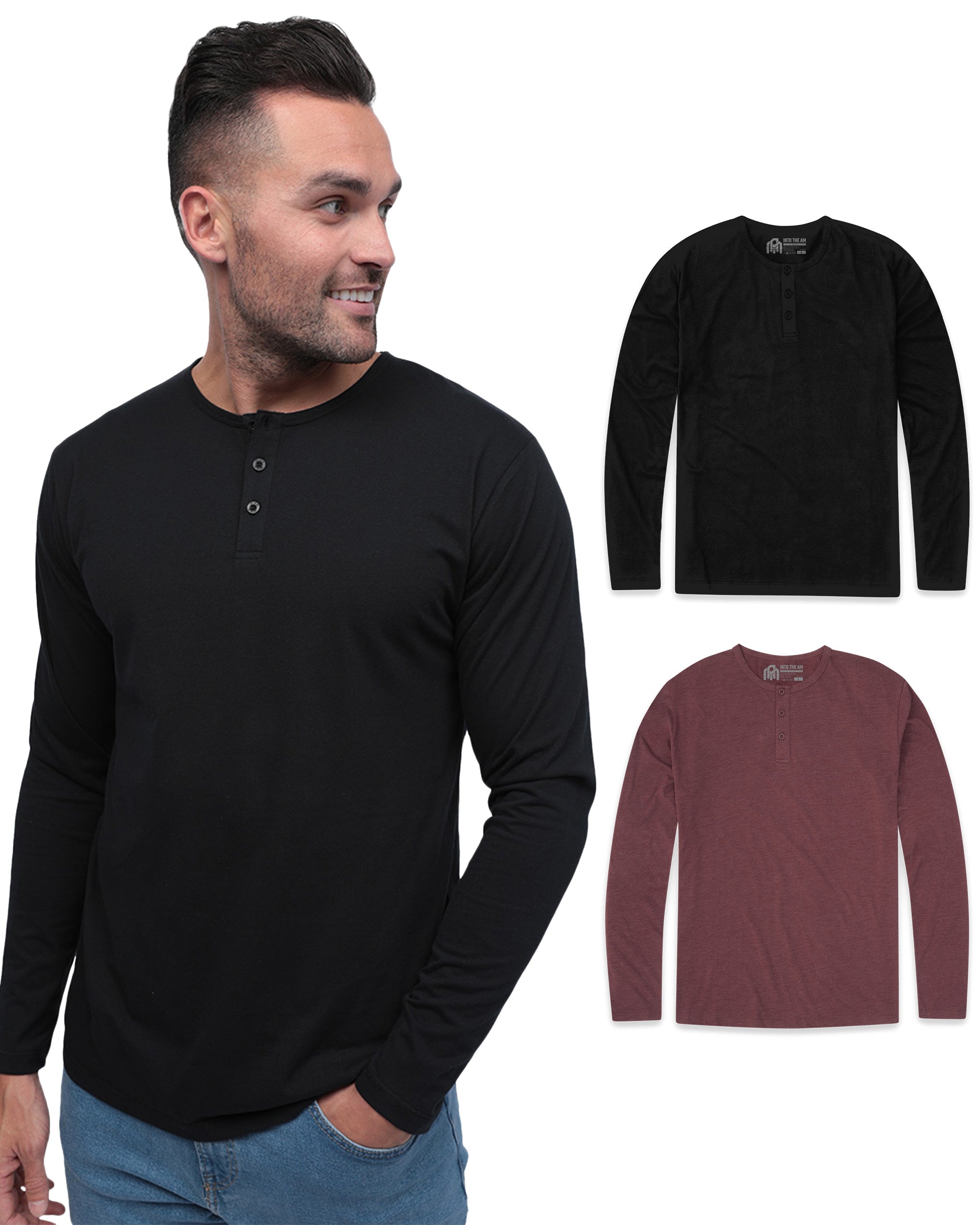 Long Sleeve Henley 2-Pack - Non-Branded-Black/Maroon