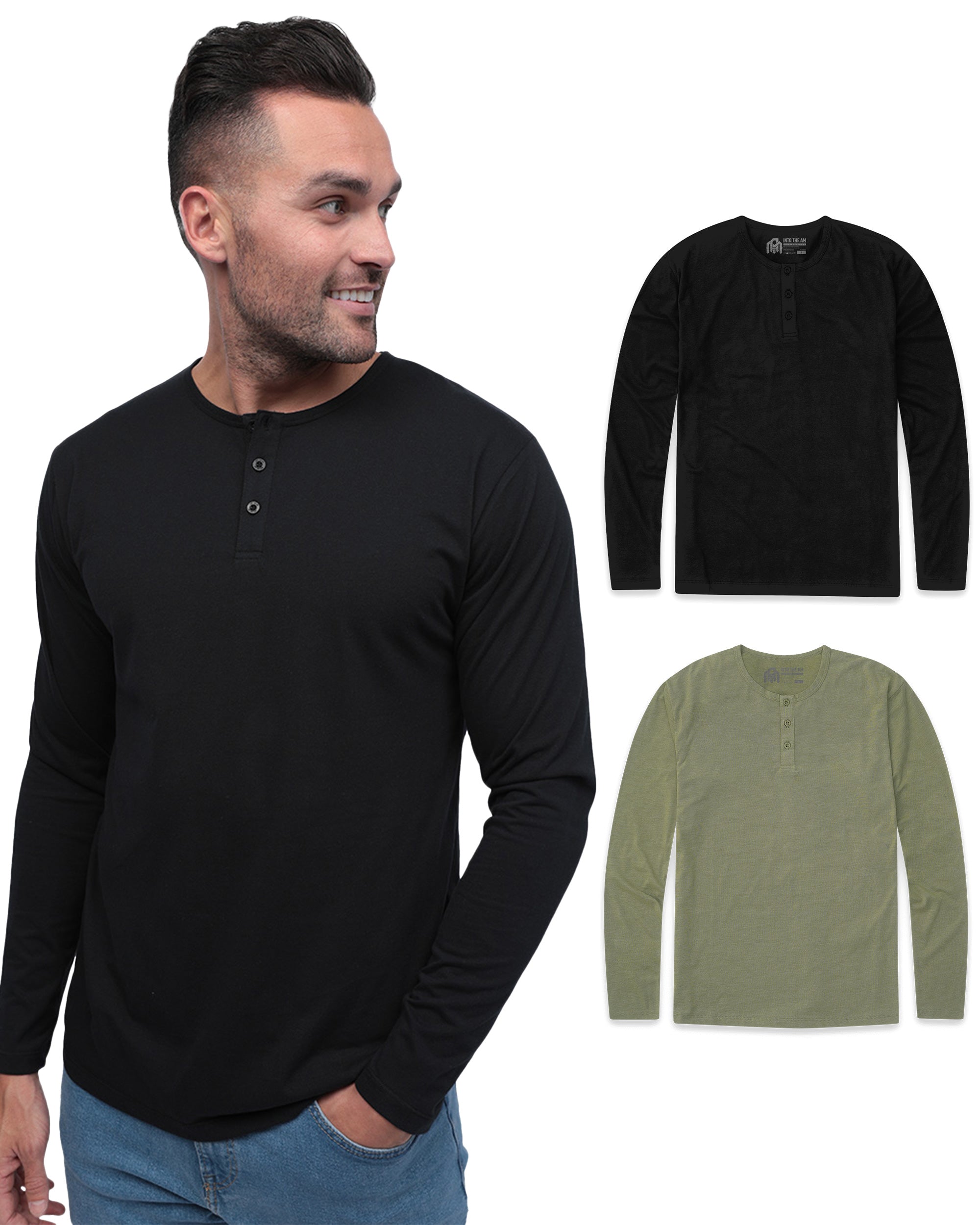 Long Sleeve Henley 2-Pack - Non-Branded-Black/Olive Green