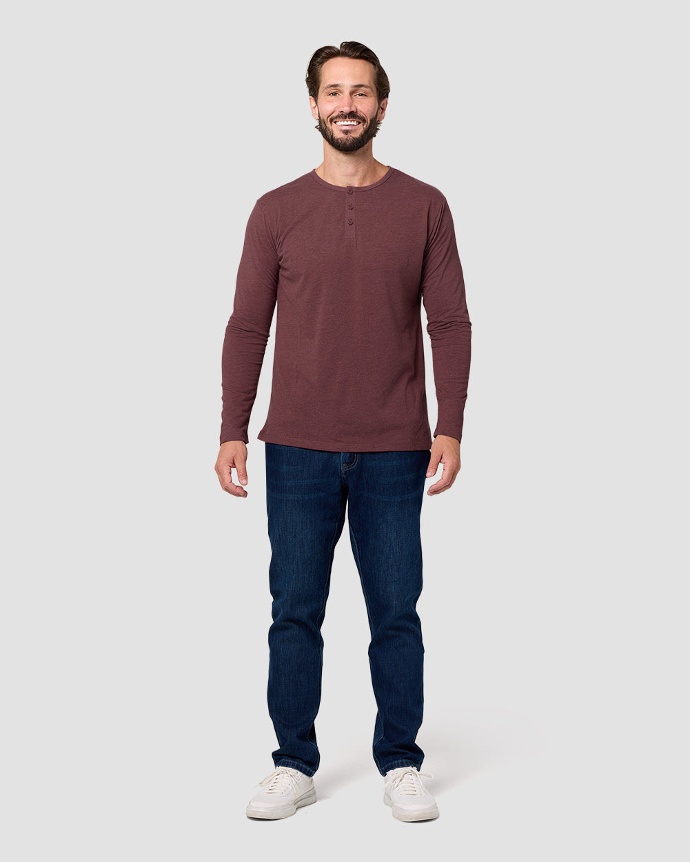 Long Sleeve Henley Tee - Non-Branded-Maroon-Regular-Full--Model---L