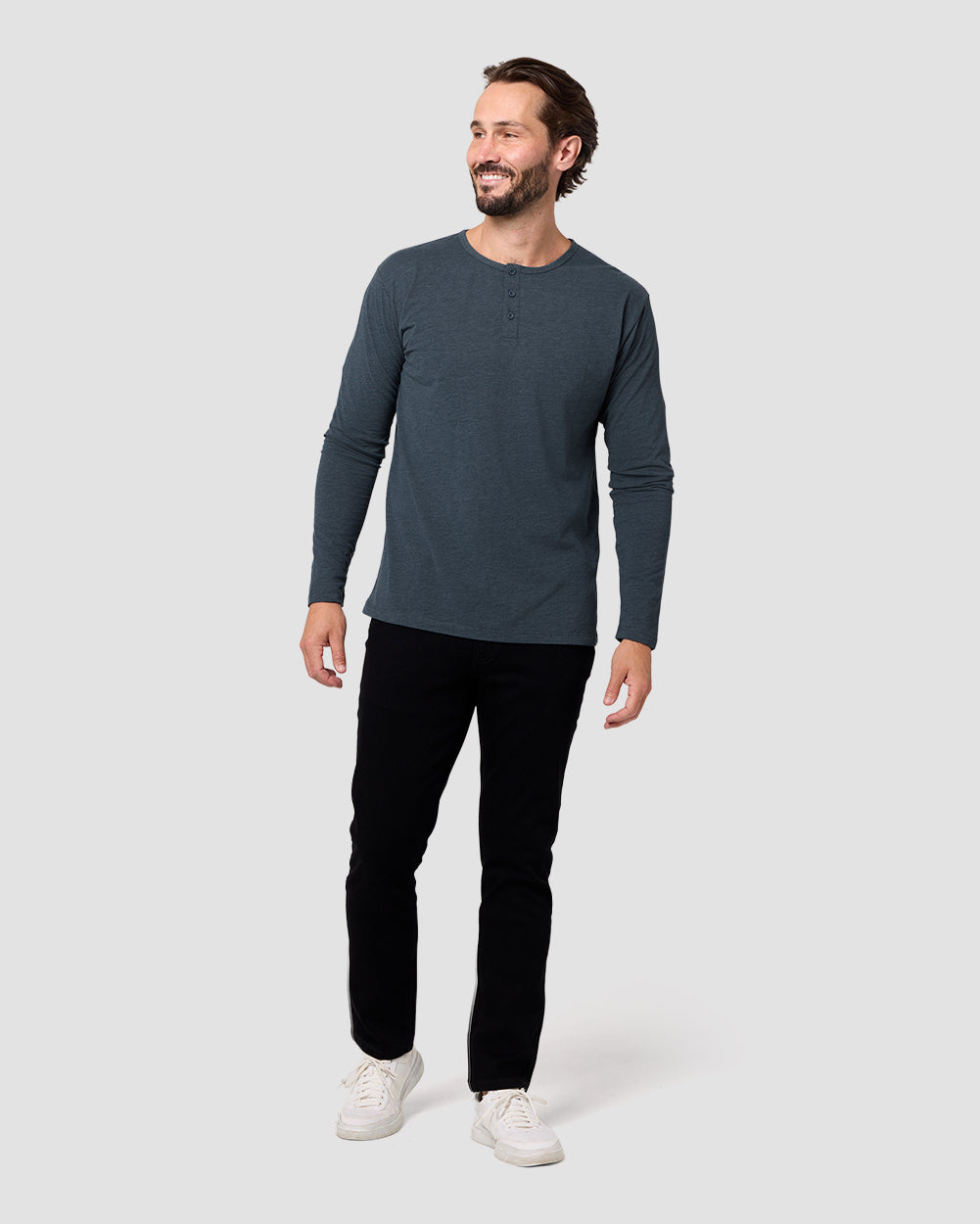 Long Sleeve Henley Tee - Non-Branded-Navy-Regular-Full--Model---L