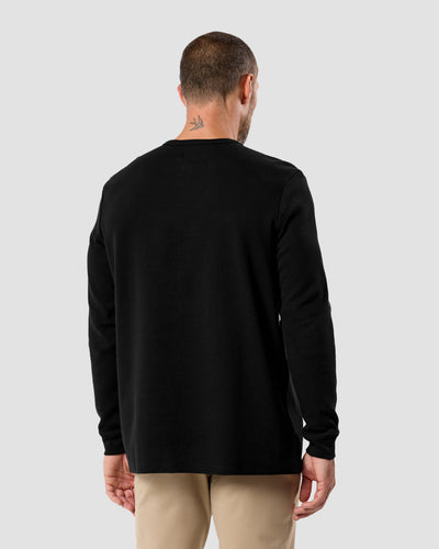 Long Sleeve Waffle Knit Henley-Black-Back--Model---M-Regular
