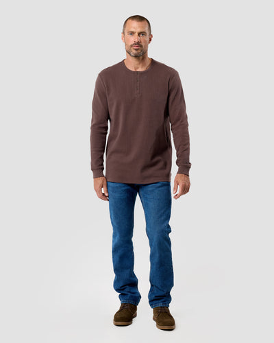 Long Sleeve Waffle Knit Henley-Brown-Full--Model---M-Regular