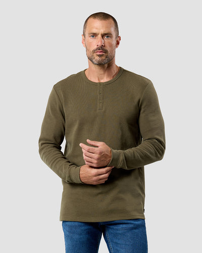 Long Sleeve Waffle Knit Henley-Olive Green-Front--Model---M-Regular