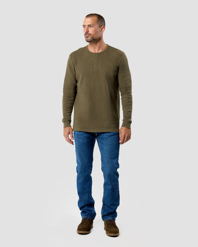 Long Sleeve Waffle Knit Henley-Olive Green-Deatil2--Model---M-Regular