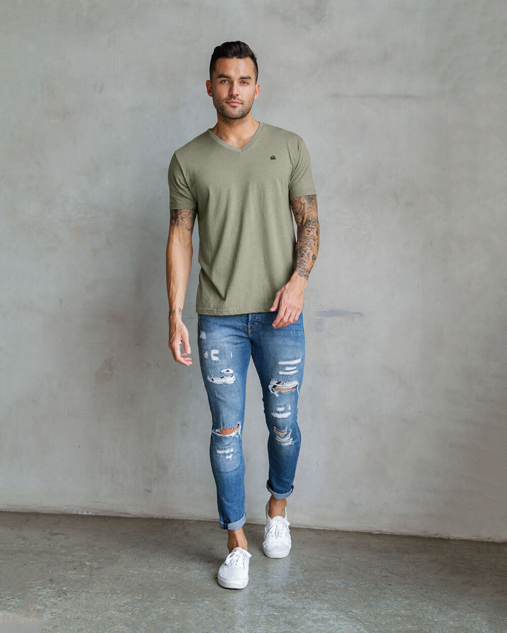 V-Neck Tee - Branded-Warm Grey-Regular-Full--Model---L