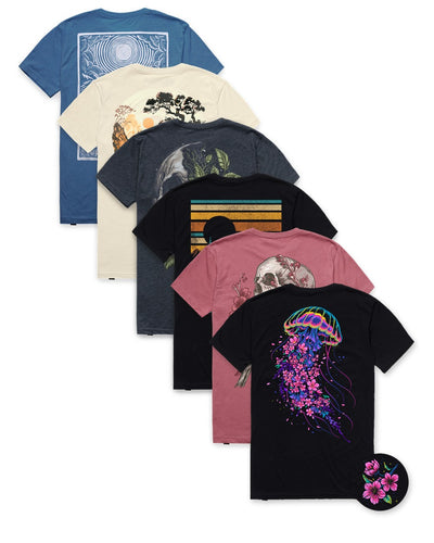 Custom 6 Pack Graphic Tee - six best-selling INTO THE AM graphic tees fanned including Jelly Blossom, Eternal Blossom, and Retro Pines
