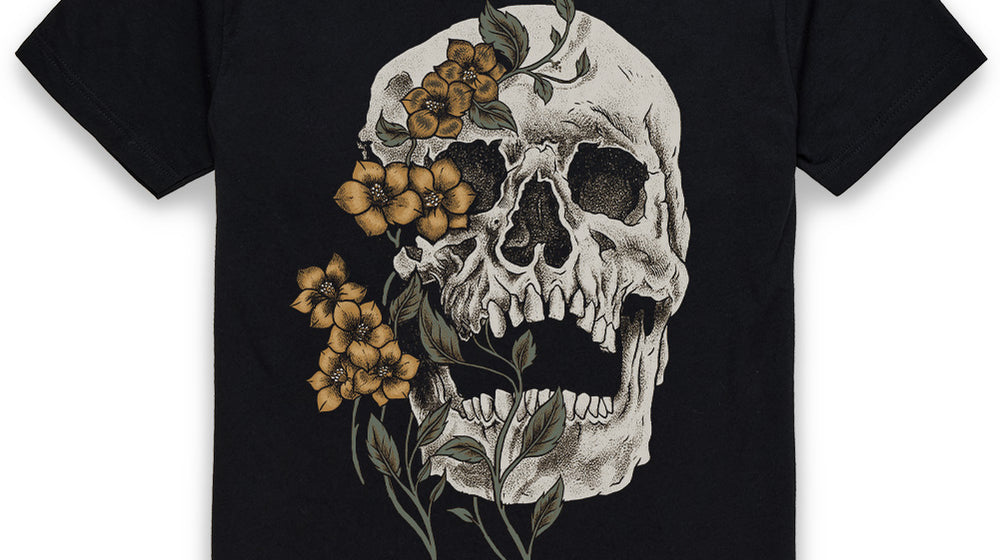 INTO THE AM Bone Blossom graphic tee for men in black, available in 2XL through 4XL