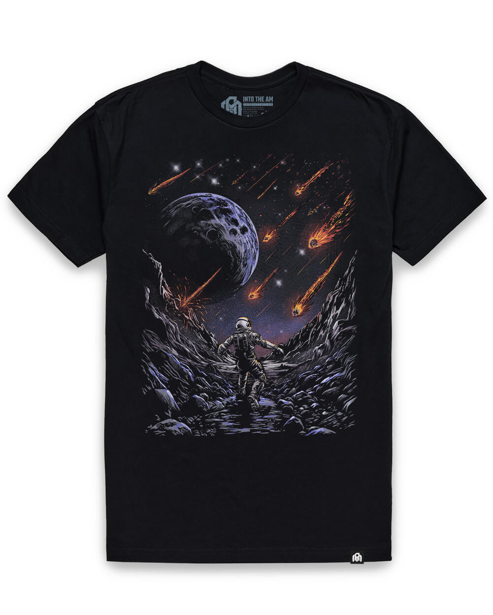 INTO THE AM Meteor Rush graphic tee in black, a tailored cotton-poly tee for the gym and after