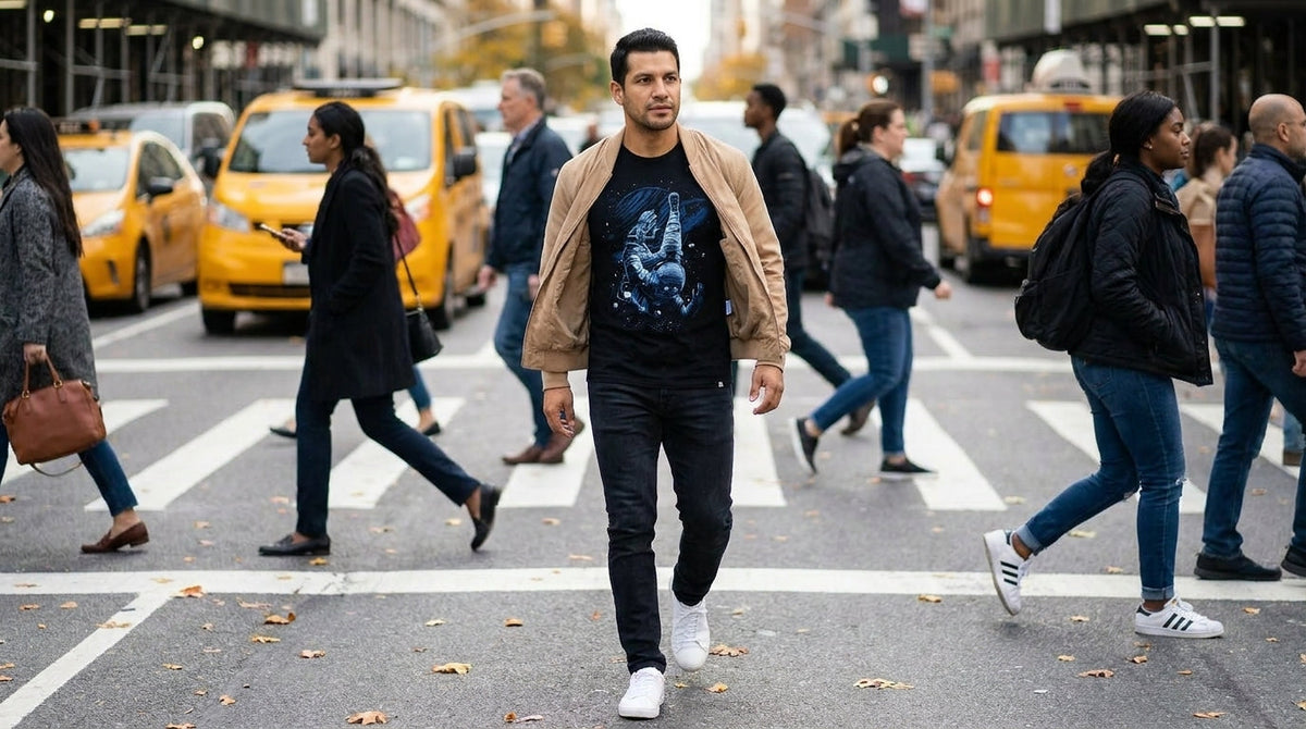 Man in the Cosmic Descent graphic tee under an open jacket on a busy downtown crosswalk