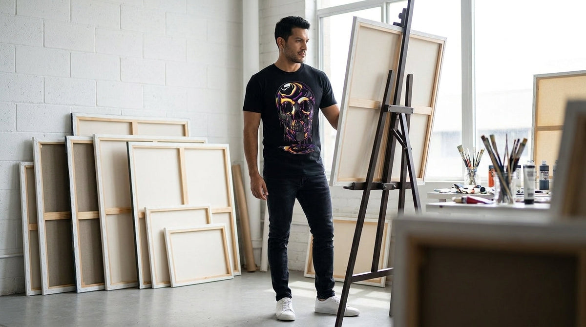 Man in the Liquid Spectrum graphic tee beside a canvas on an easel in an artist's studio