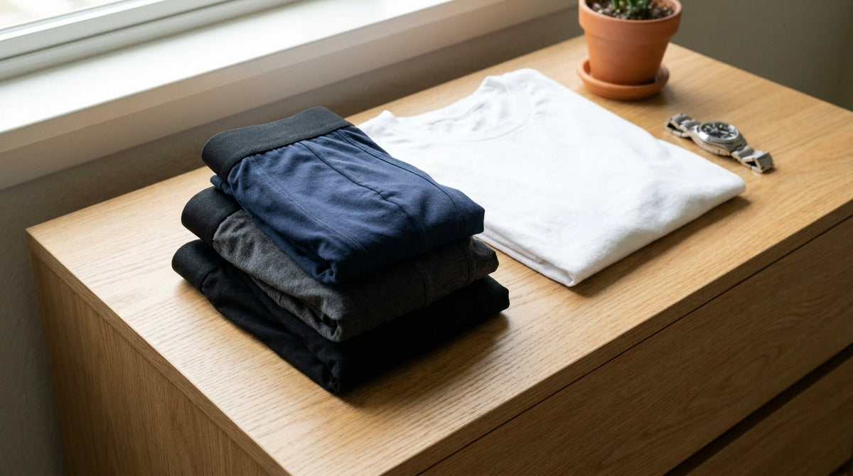 Folded INTO THE AM boxer briefs in black, charcoal and navy on an oak dresser