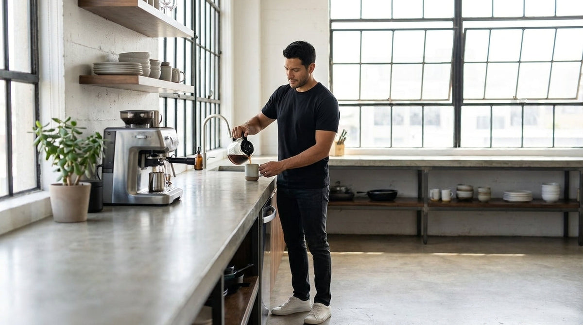 Man in a black crew neck tee pouring coffee at the counter of a bright loft kitchen