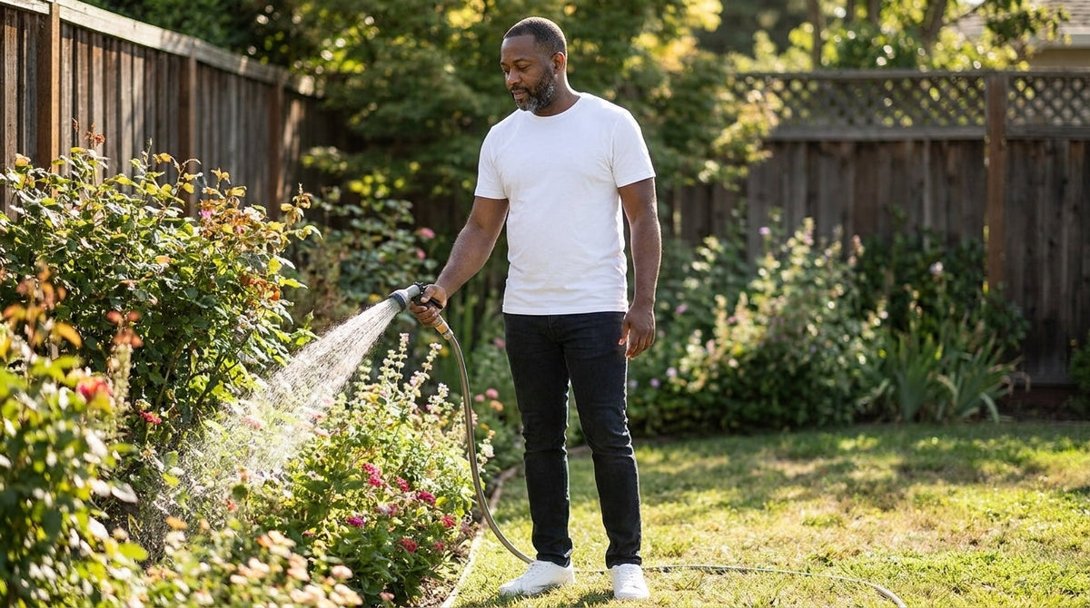 Man in a white crew neck tee watering the garden with a hose in his backyard