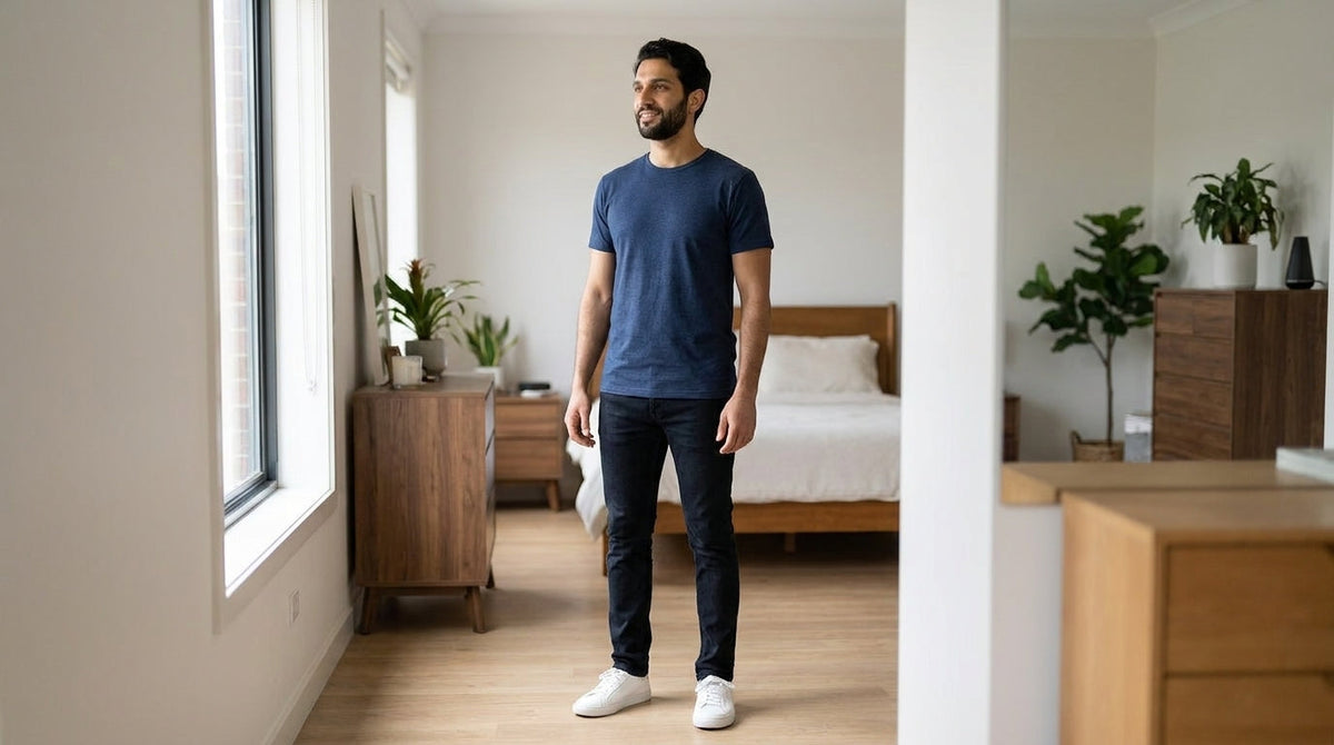 Man in a navy crew neck tee standing in a bright bedroom, showing the fit at the shoulders and hem