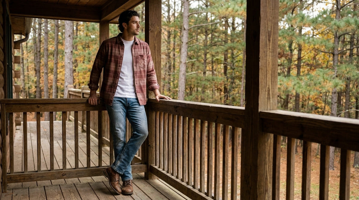 Man in a plaid flannel shirt leaning on a cabin porch rail in autumn