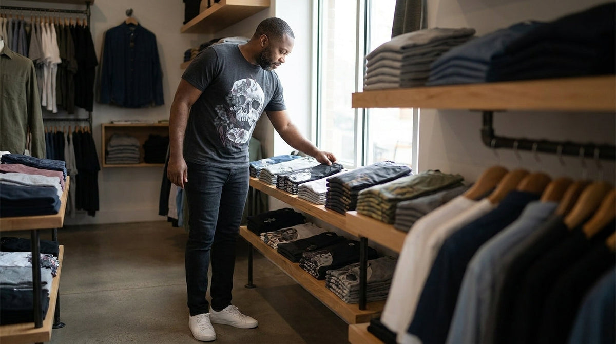 Man in the Bone Blossom graphic tee browsing folded tees in a menswear boutique