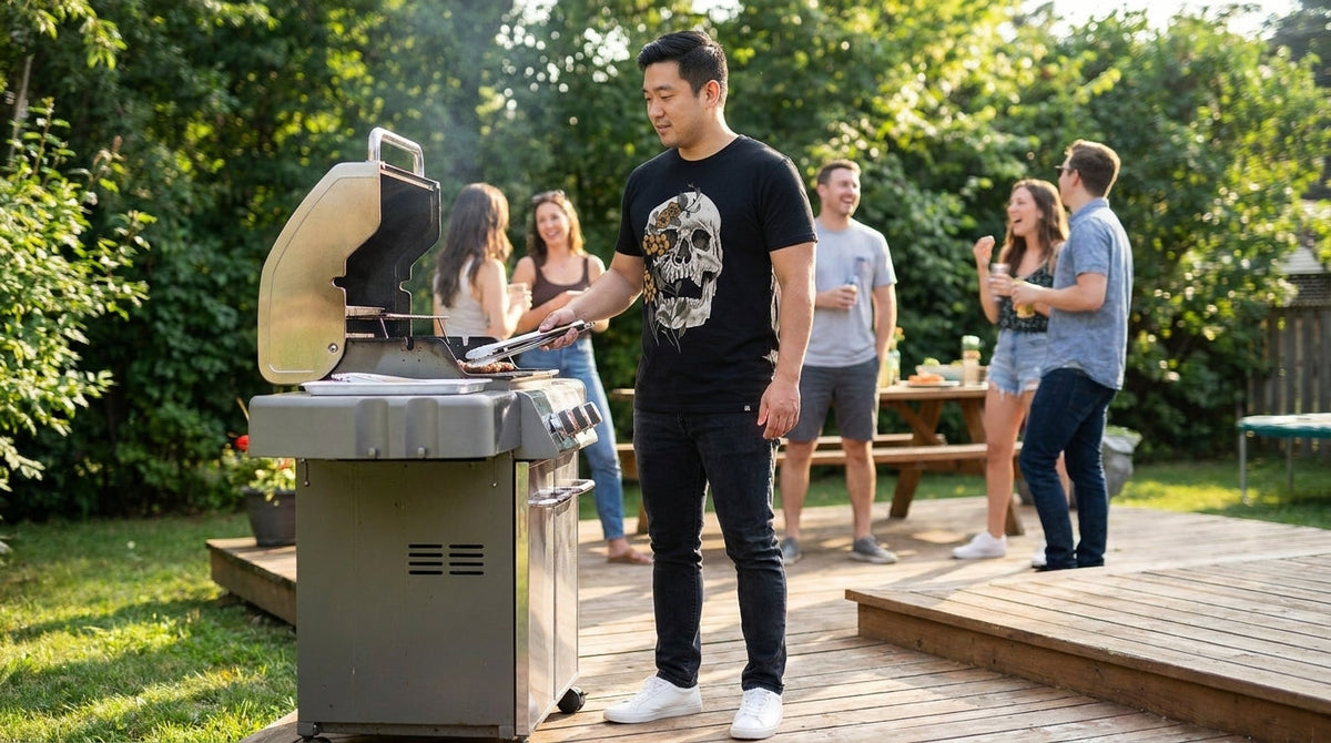 Man wearing a white INTO THE AM graphic t-shirt outdoors, best graphic tees in big sizes, 2xl to 4xl: 2026
