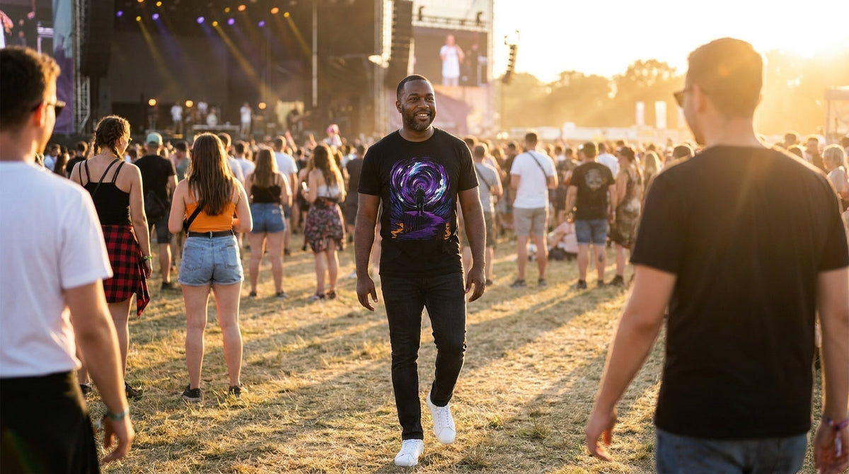 Man in the Event Horizon graphic tee walking through a music festival crowd at golden hour