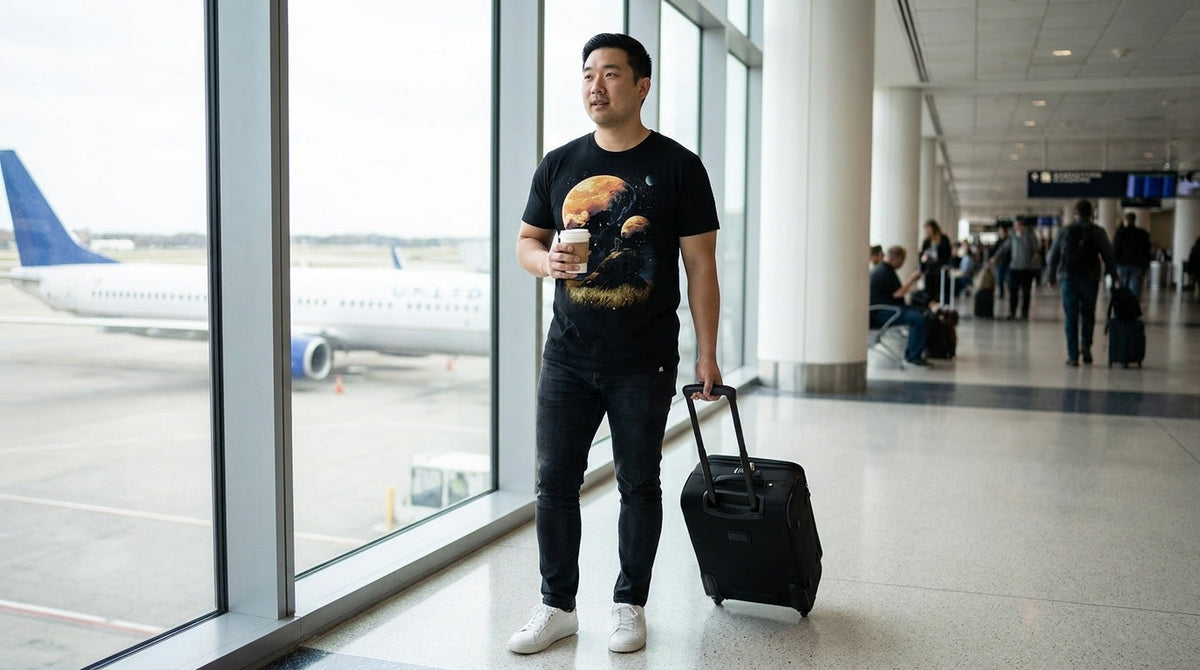 Man wearing a white INTO THE AM graphic t-shirt outdoors, best graphic tees for travel: 2026