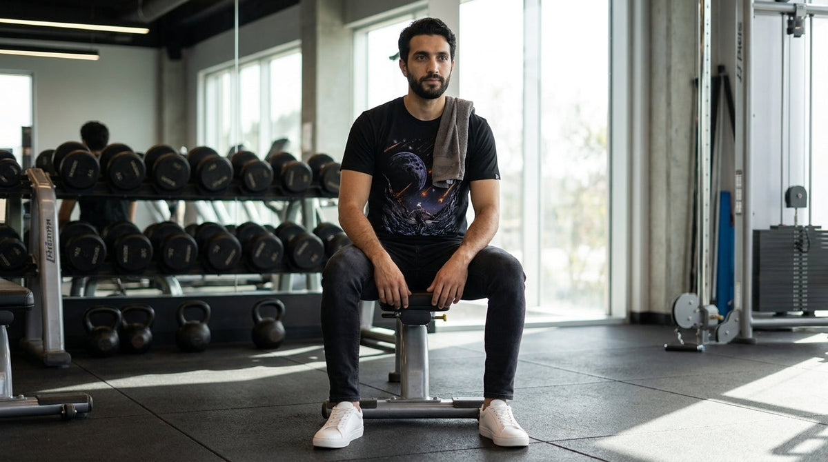 Man wearing a white INTO THE AM graphic t-shirt outdoors, best graphic tees for working out: 2026