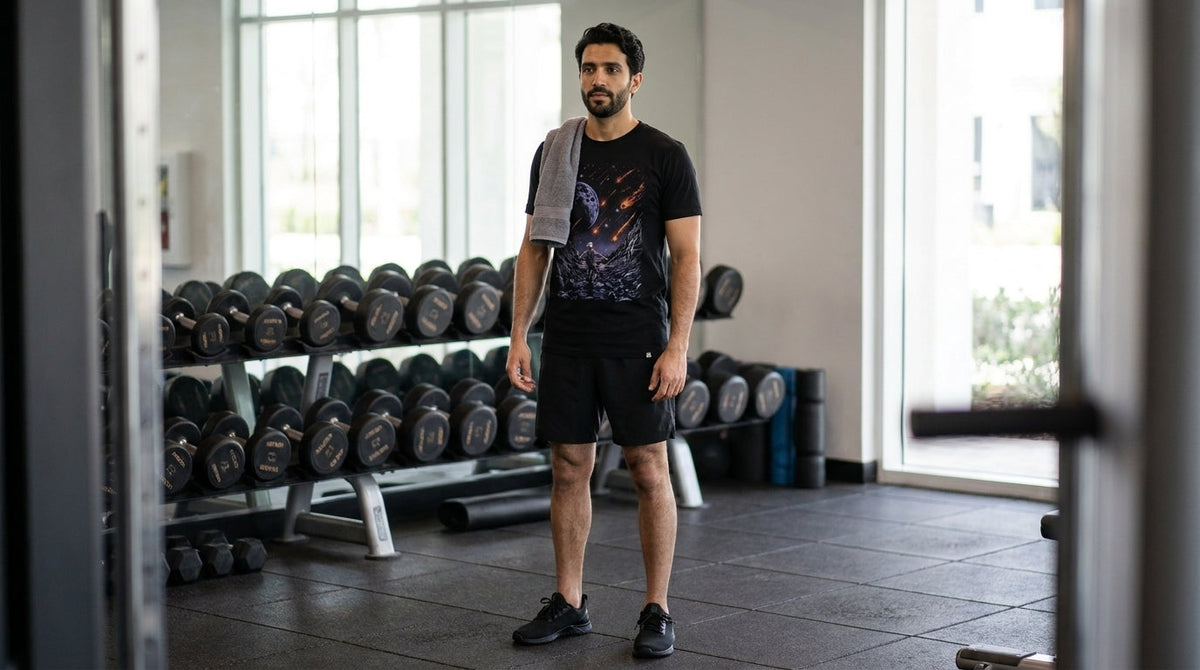 Man in the Meteor Rush graphic tee and black training shorts resting between sets in a gym