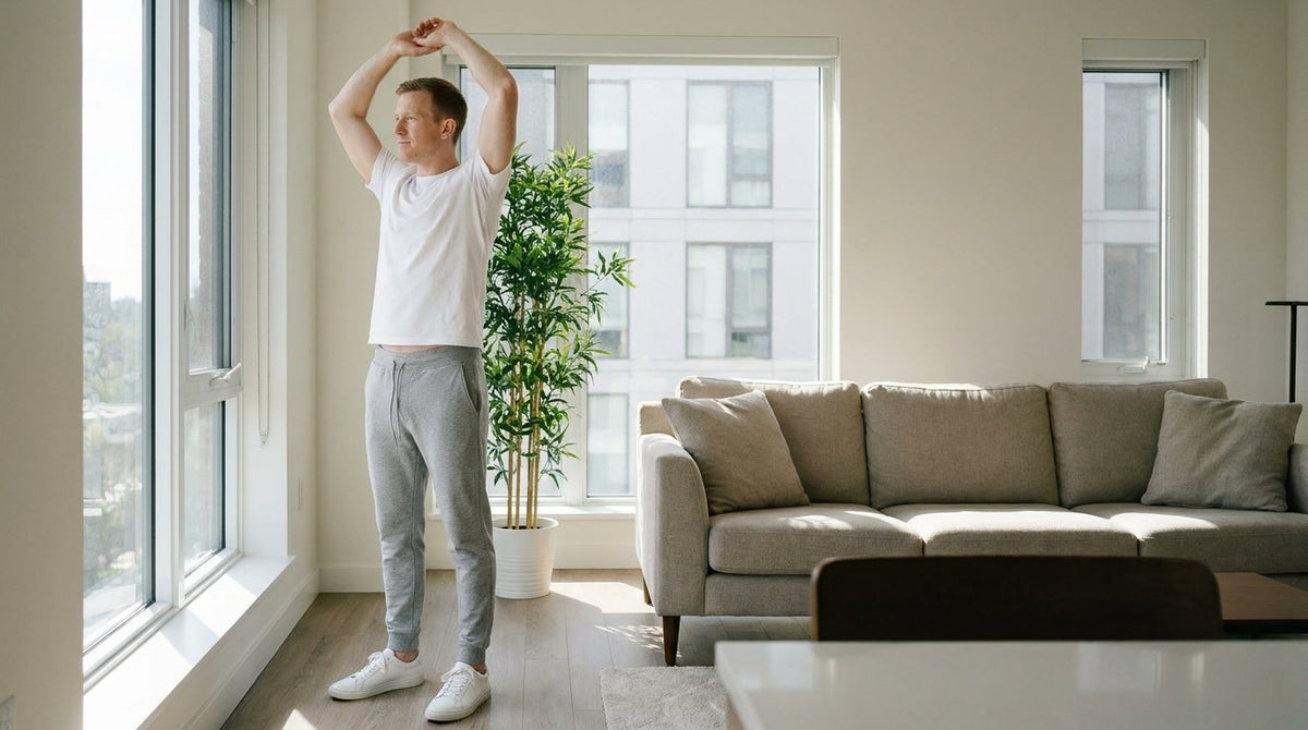 Man in charcoal fleece joggers and a white tee stretching in a sunny living room