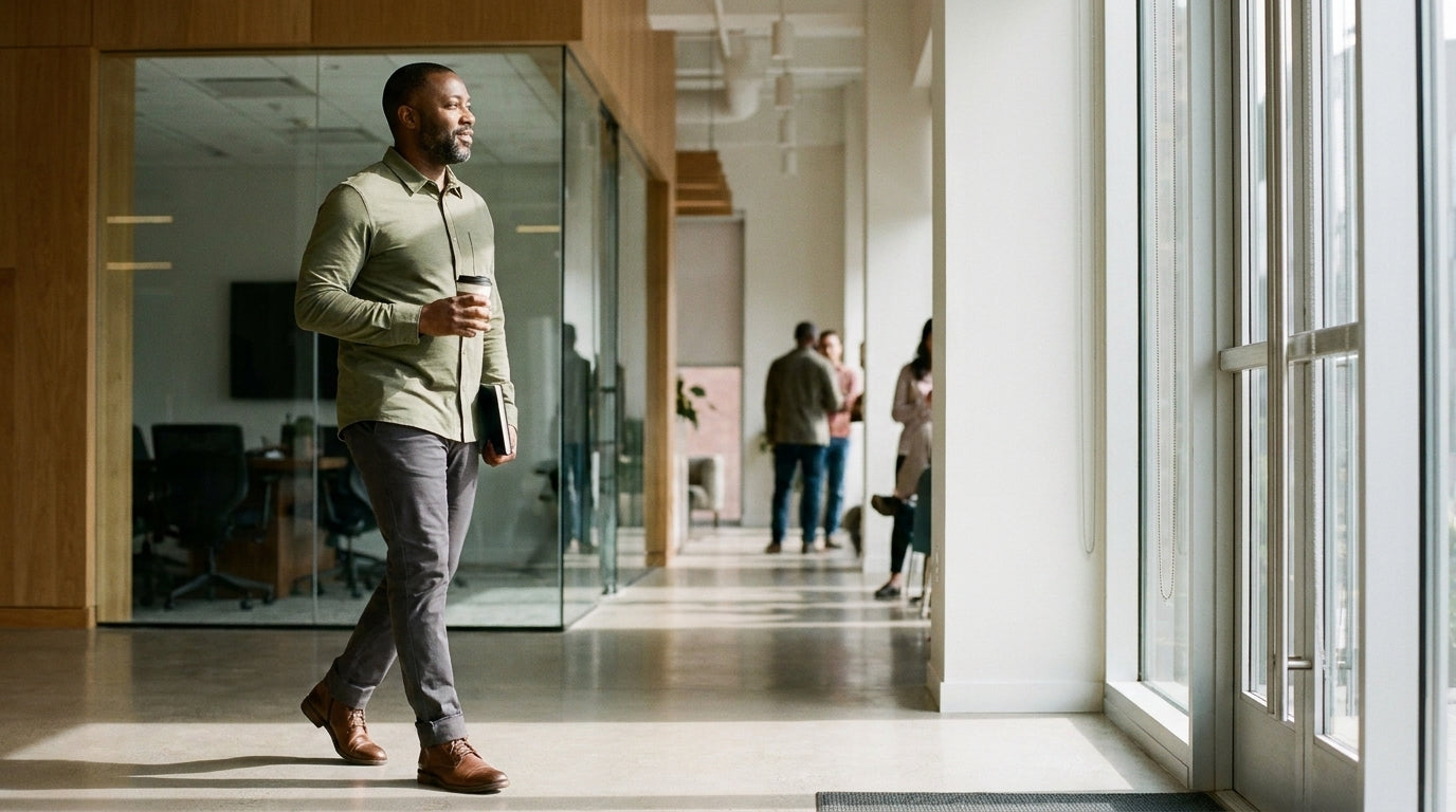 Man in an olive long sleeve button-up walking into an office lobby