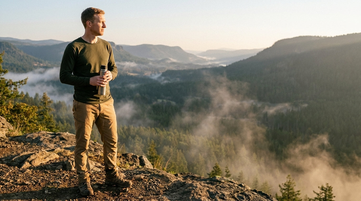 Man in a midnight olive long sleeve tee at a mountain overlook at sunrise