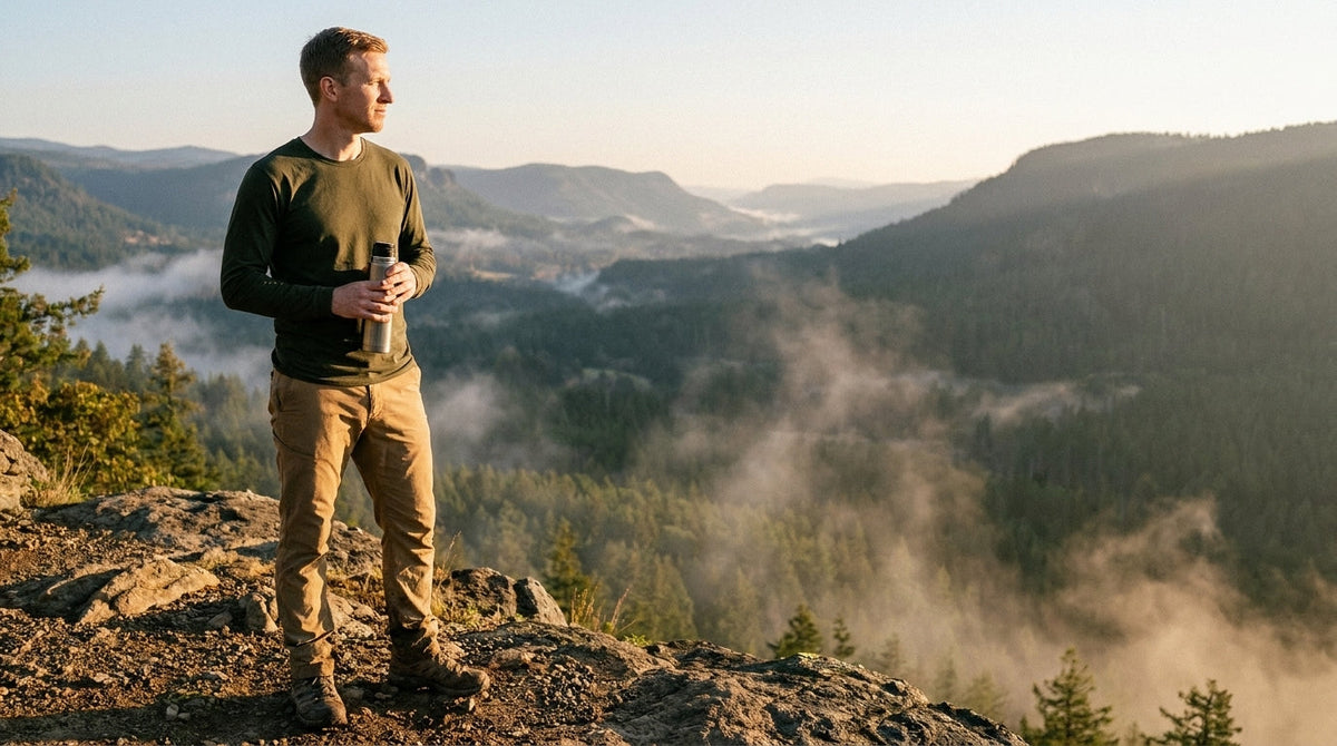 Man in a midnight olive long sleeve tee at a mountain overlook at sunrise