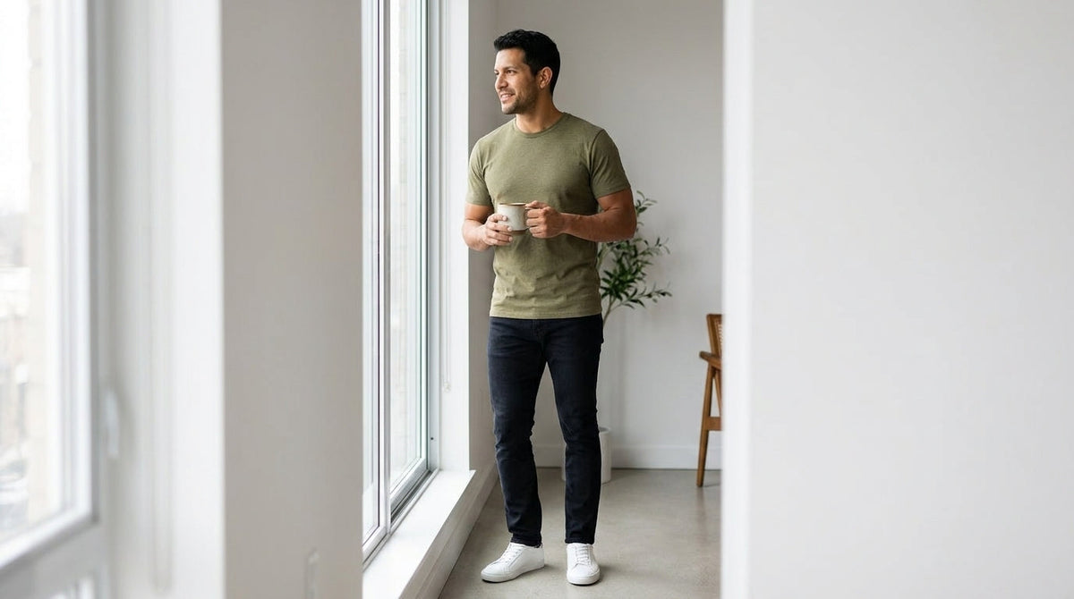 Man in an olive crew neck tee holding a coffee by the window of a minimalist apartment