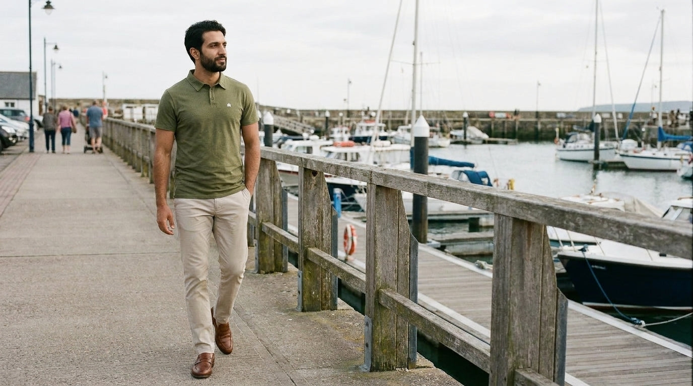 Man in an olive polo walking a harbour boardwalk