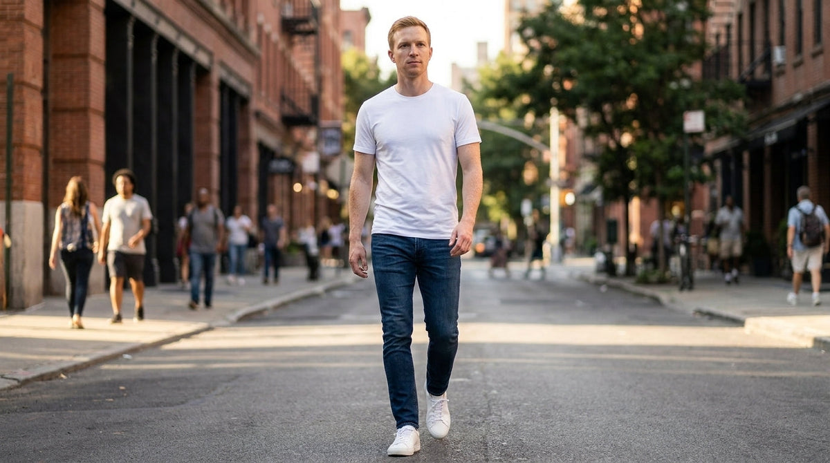 Man in a white crew neck tee and slim jeans walking down a sunny city street