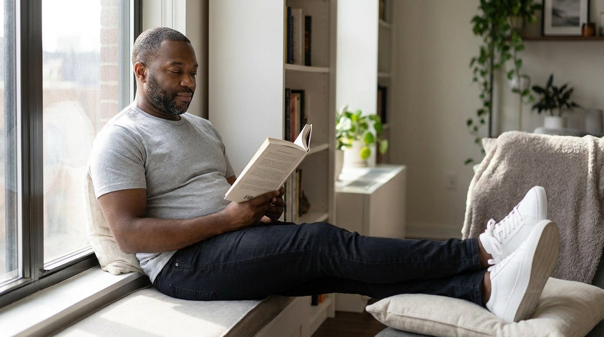 Man in a grey crew neck tee reading a book with his feet up on a window seat