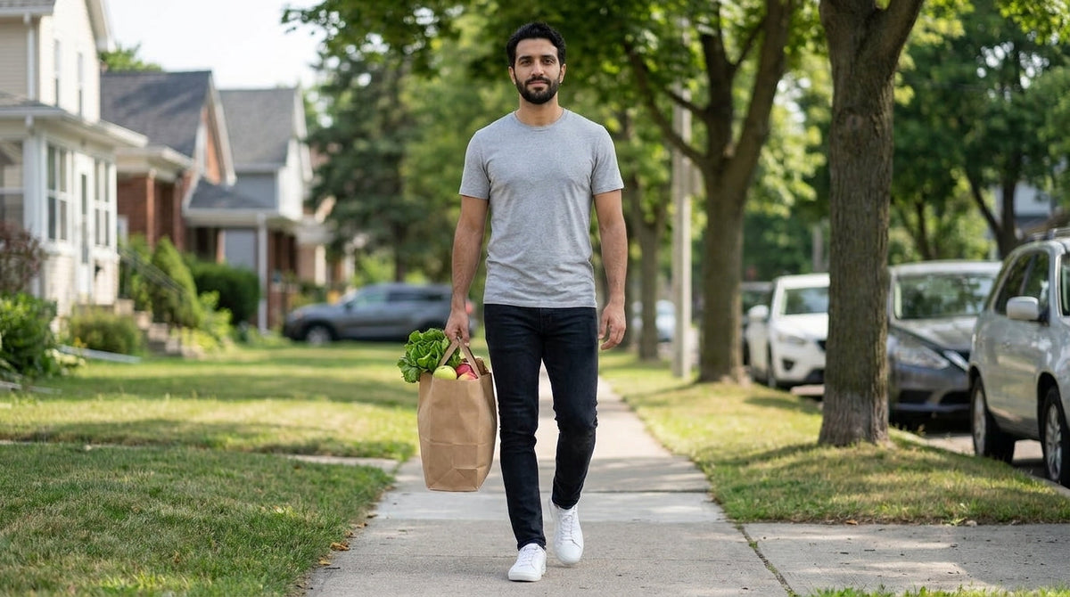 Man in a grey crew neck tee carrying a bag of groceries along a tree-lined sidewalk