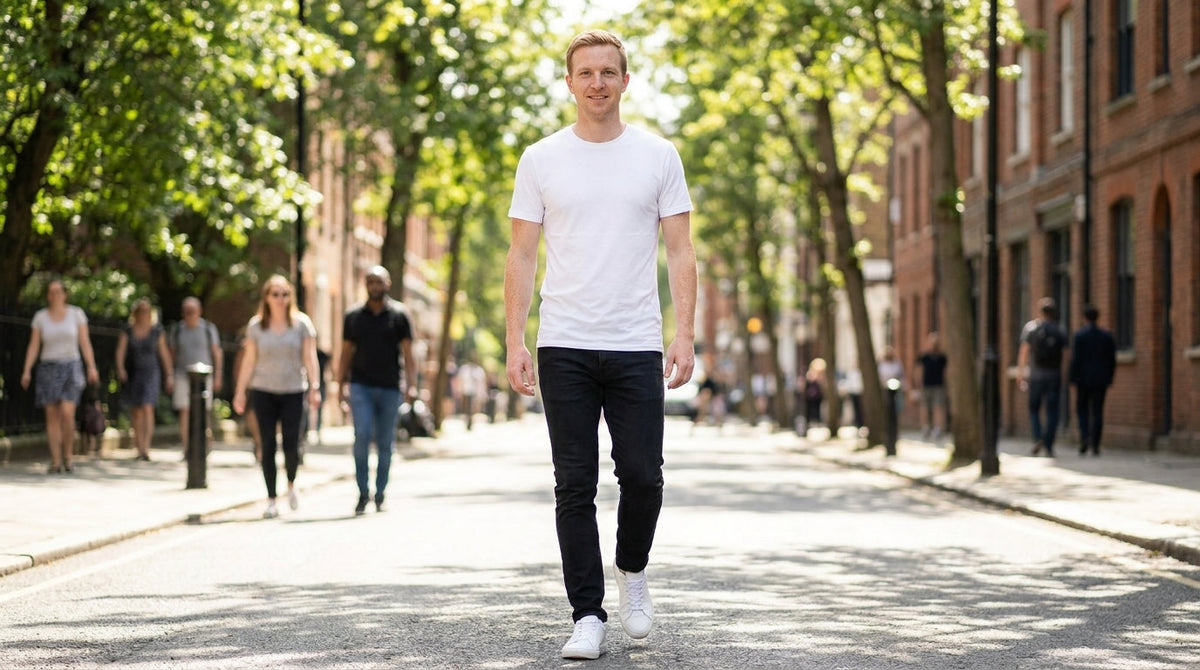 Man in a white crew neck tee walking down a sunny tree-lined street