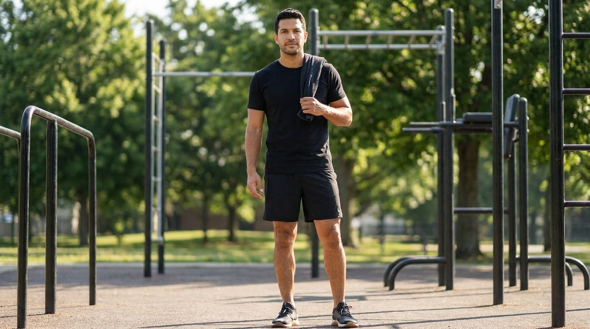Man in a black crew neck tee and athletic shorts with a towel on his shoulder at an outdoor fitness park