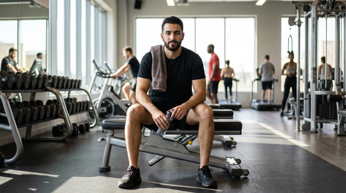 Man in a black crew neck tee and training shorts resting on a gym bench with a towel on his shoulder