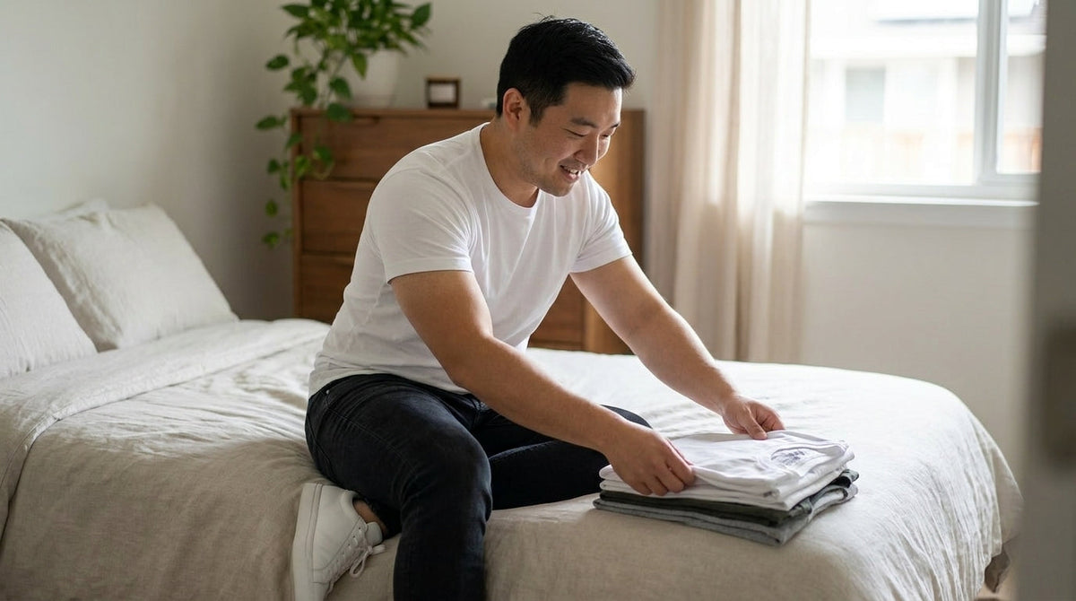 Man in a white crew neck tee folding a stack of t-shirts on his bed