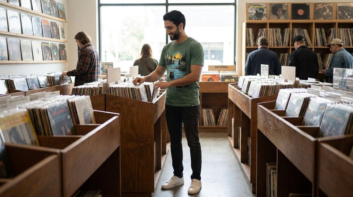 Man wearing a white INTO THE AM graphic t-shirt outdoors, best vintage graphic tees for men: 2026 rankings