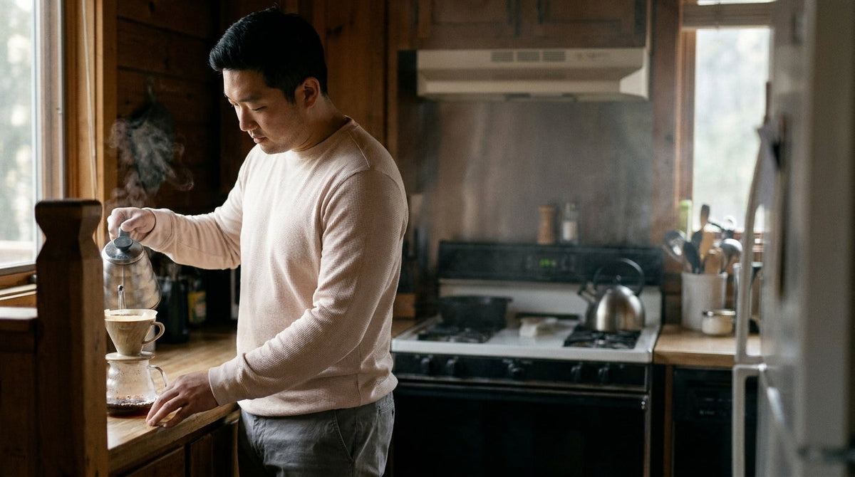 Man in a beige waffle knit long sleeve making coffee in a cabin kitchen